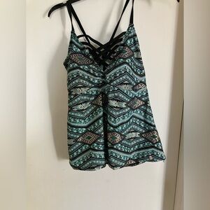 Patterned Strappy V-Neck Tankini in Teal, Gold & Black